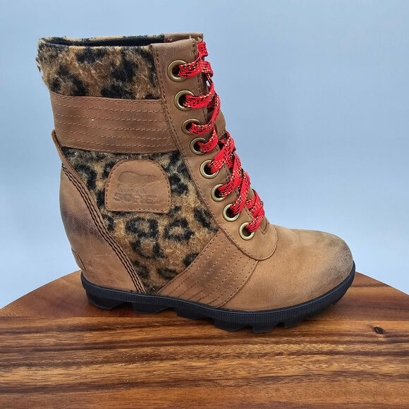 Sorel Lexie Boots Women's 5 Brown Leather Leopard Print Hidden Wedge Lace Up - Picture 1 of 10